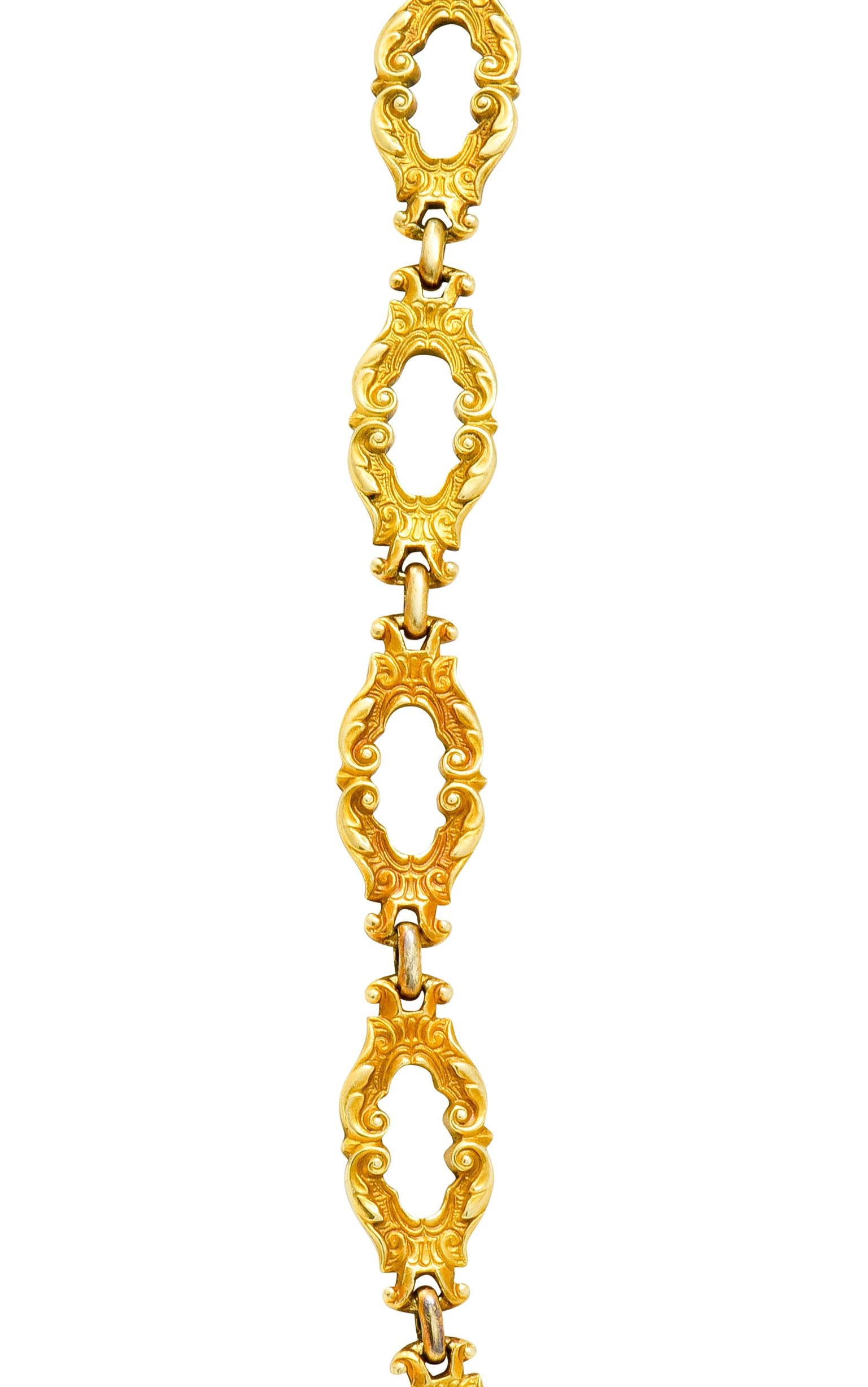 Late Victorian Rhodolite Garnet Cabochon 14 Karat Gold Scrolled Foliate Necklace 1