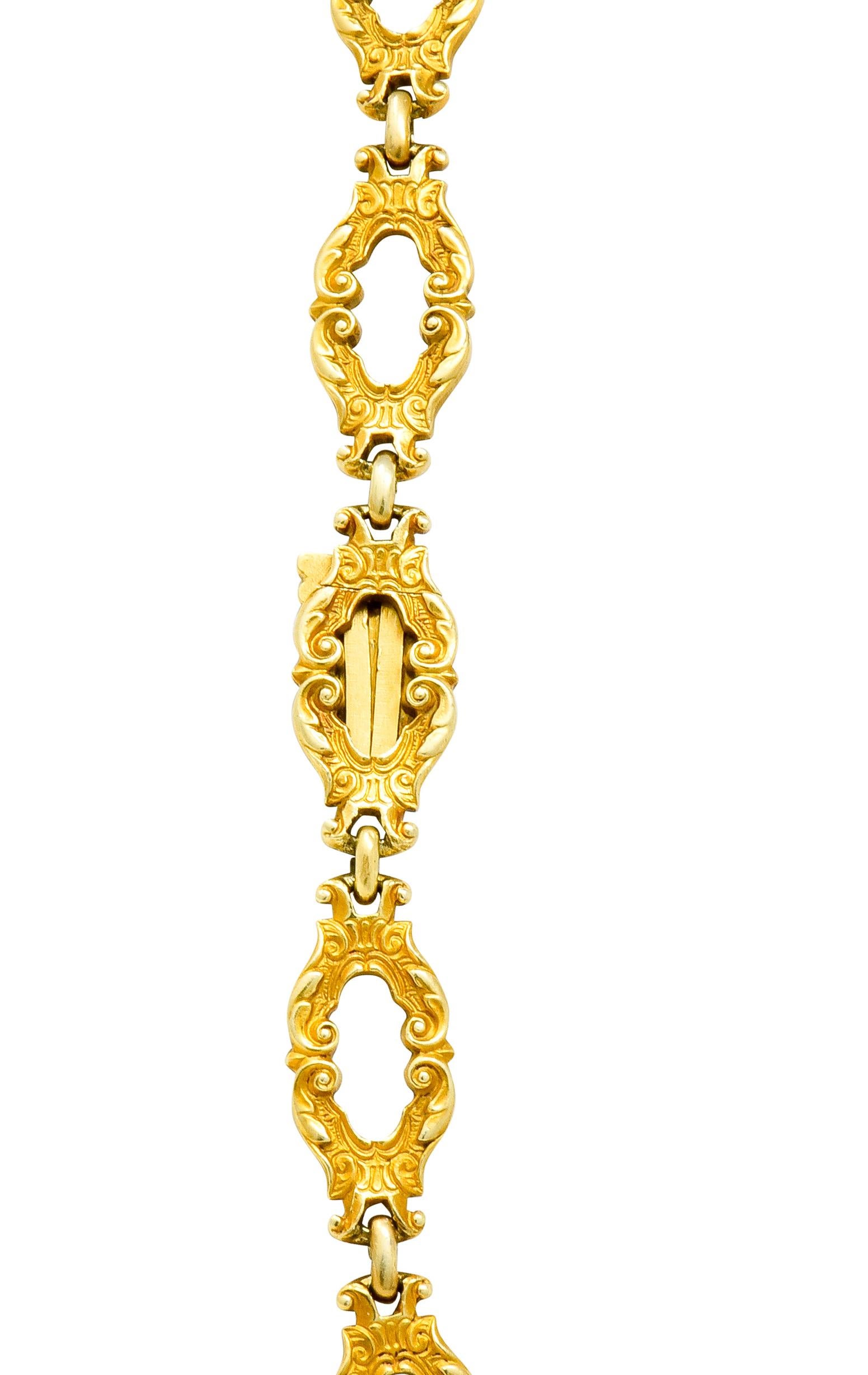 Late Victorian Rhodolite Garnet Cabochon 14 Karat Gold Scrolled Foliate Necklace 3