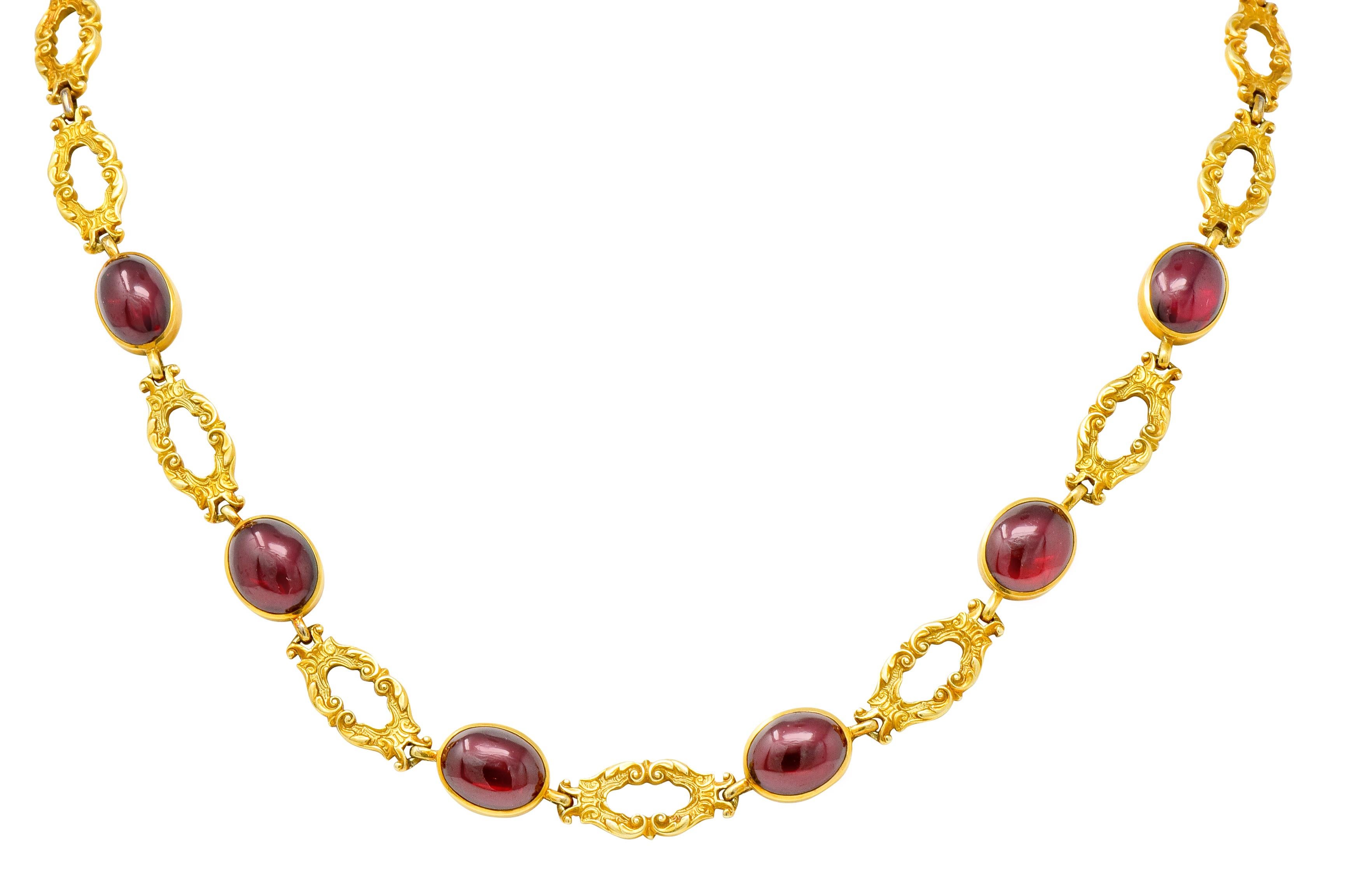Late Victorian Rhodolite Garnet Cabochon 14 Karat Gold Scrolled Foliate Necklace 4