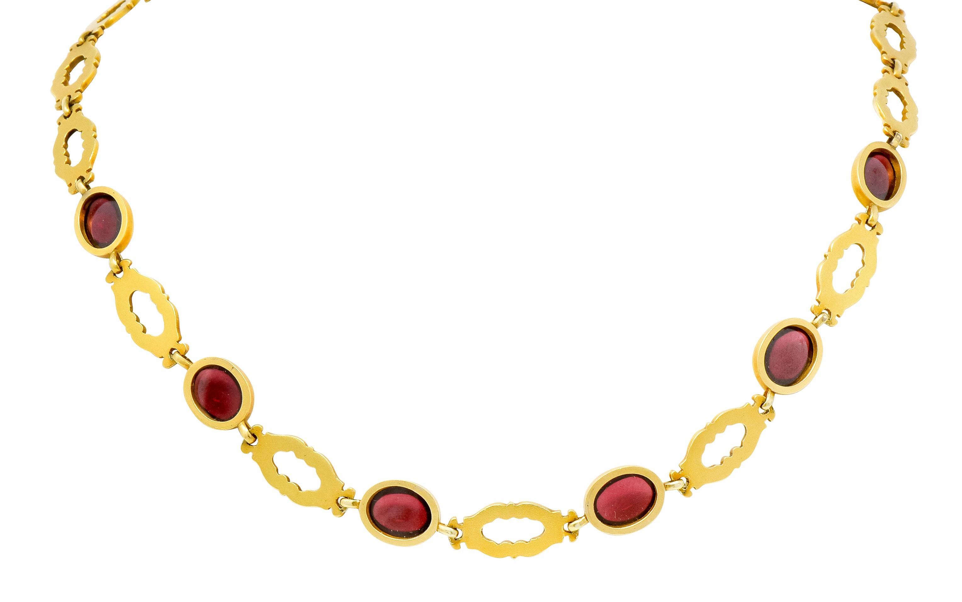 Late Victorian Rhodolite Garnet Cabochon 14 Karat Gold Scrolled Foliate Necklace 5