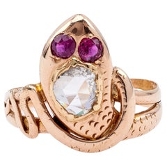 Late Victorian Rose Cut Diamond and Ruby 14k Rose Gold Snake Ring
