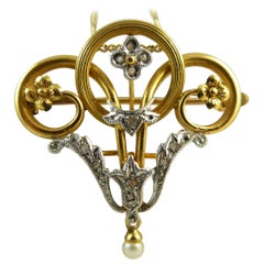 Antique Late Victorian Rose Cut Diamond Gold Pendant or Brooch, Yellow Gold
