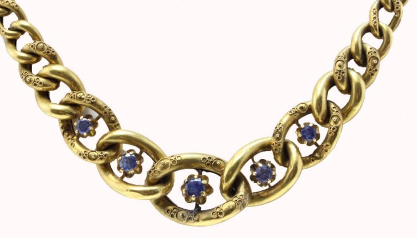 A late Victorian jewel that's represent all the incentive of that time. The necklace is composed of 2 bracelet.The clips are made to be close between them and compose the necklace, or if you want, use as 2 single bracelet. To embellished it blue