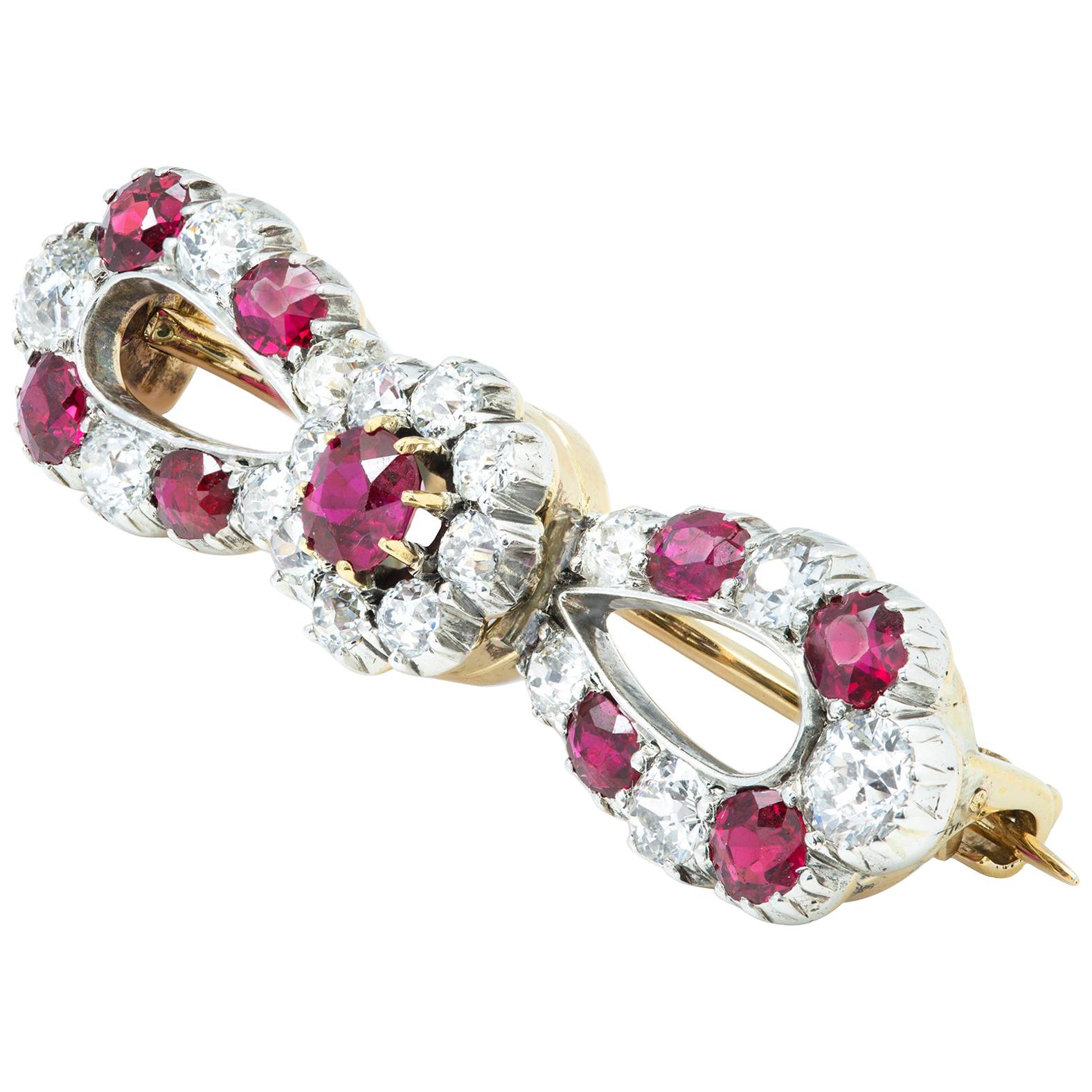 Late Victorian Ruby and Diamond Bow Brooch