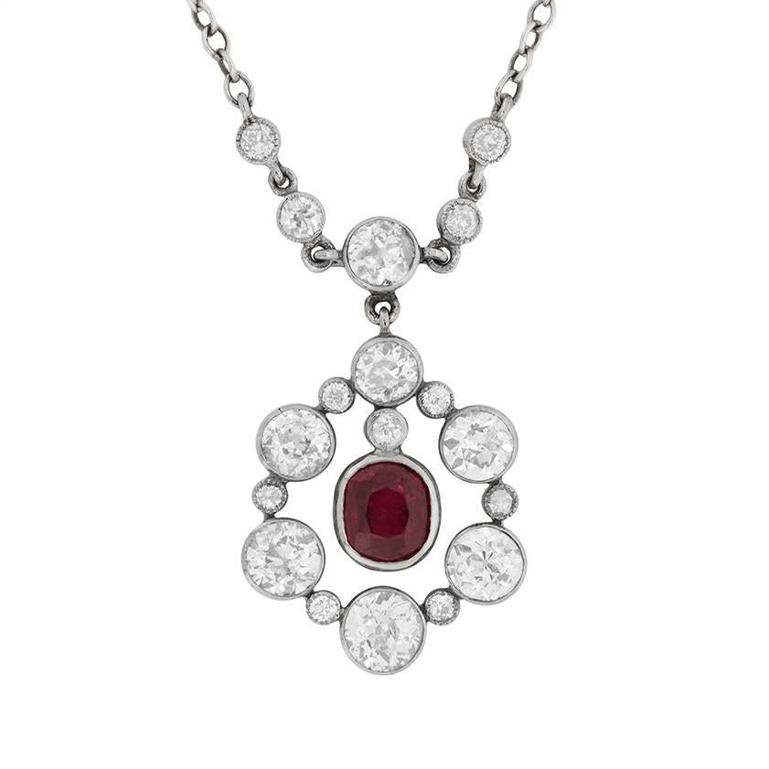 Late Victorian Ruby and Diamond Cluster Pendant, circa 1900s