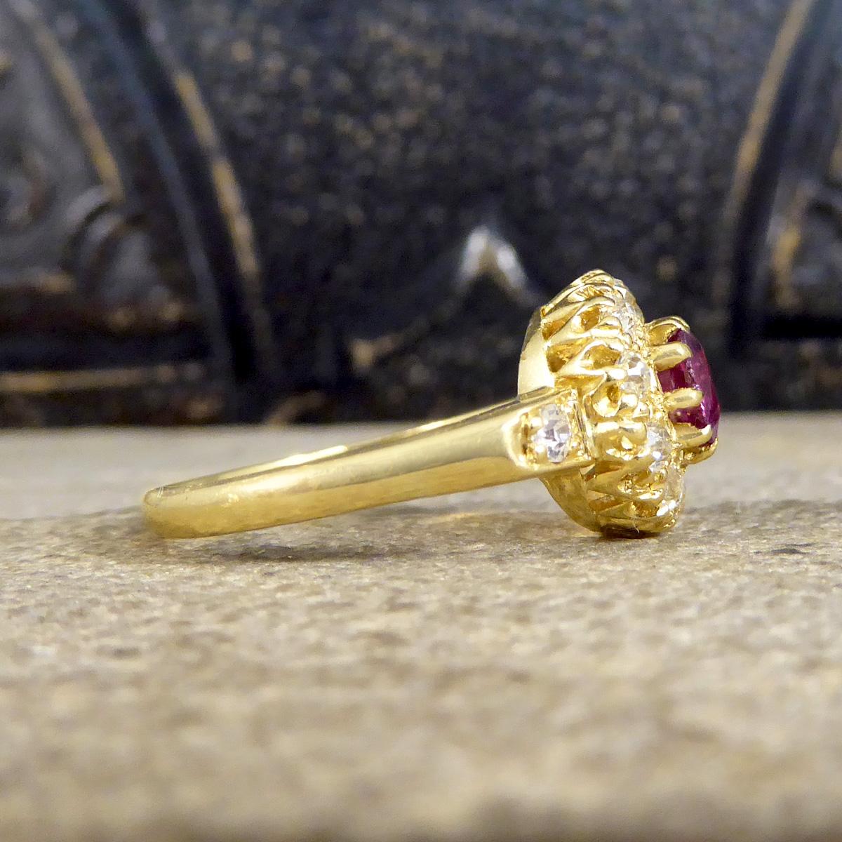 Old European Cut Late Victorian Ruby and Diamond Cluster Ring with Diamond Set Shoulders in 18ct For Sale