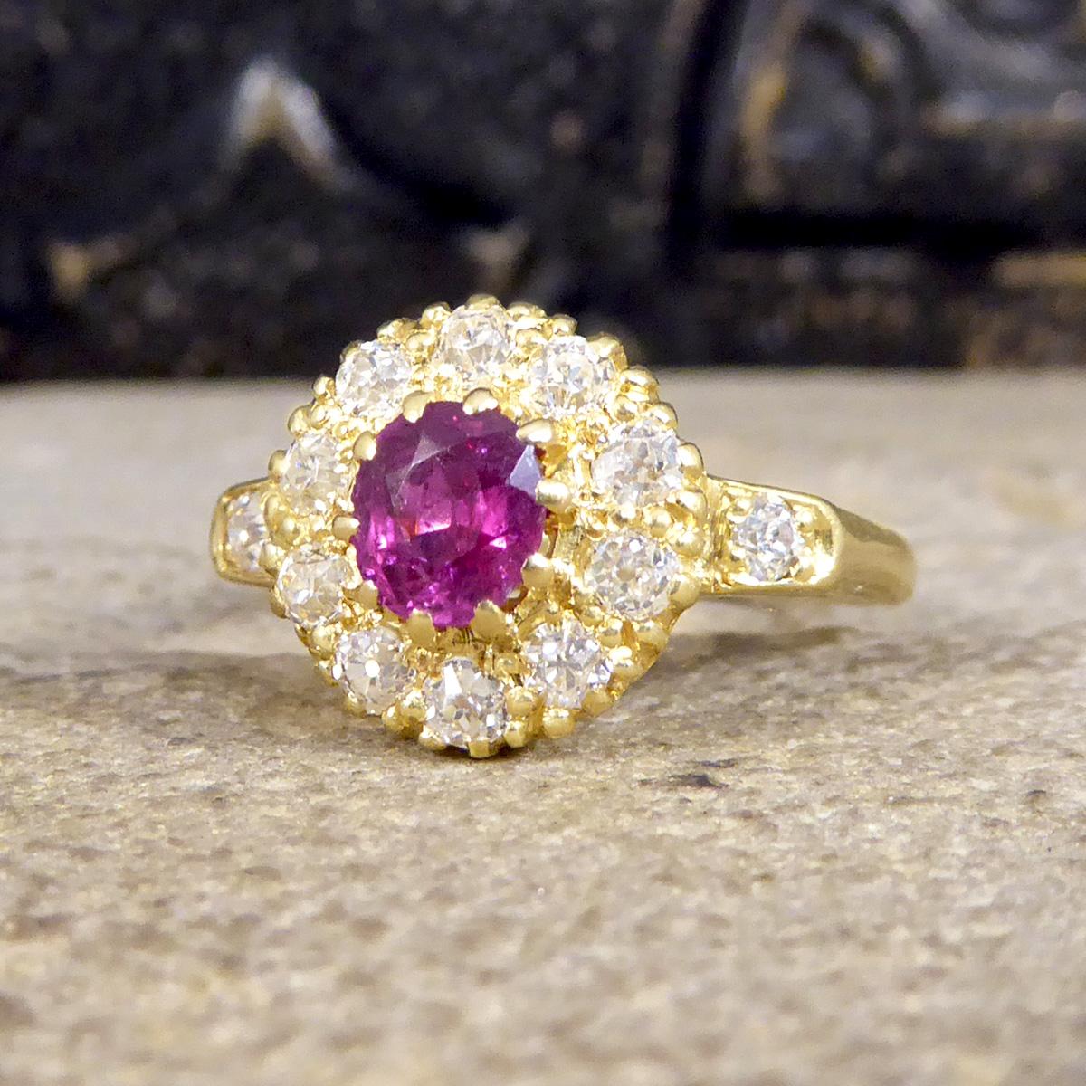 Women's Late Victorian Ruby and Diamond Cluster Ring with Diamond Set Shoulders in 18ct For Sale