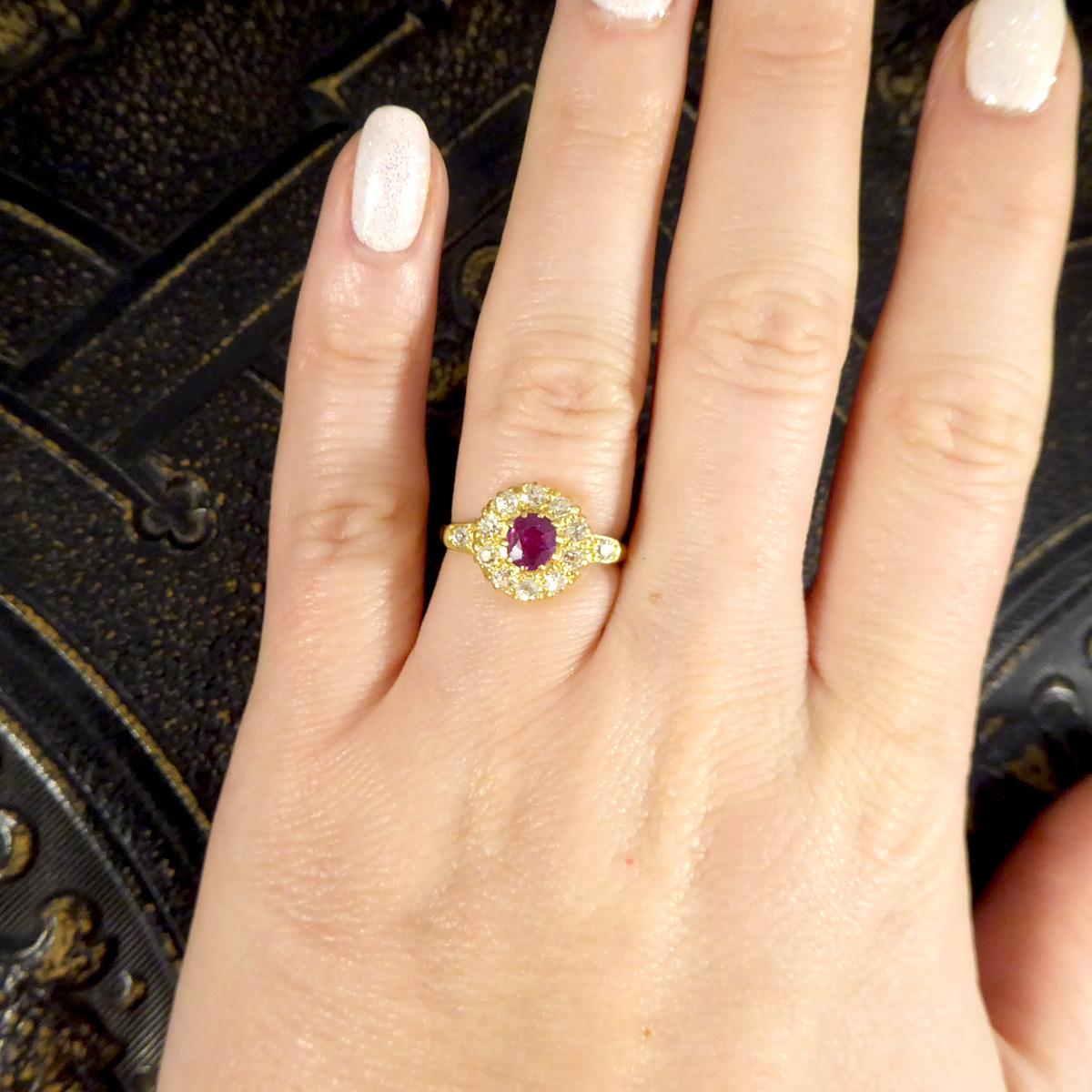 Late Victorian Ruby and Diamond Cluster Ring with Diamond Set Shoulders in 18ct For Sale 2