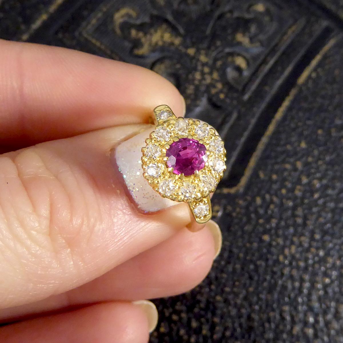 Late Victorian Ruby and Diamond Cluster Ring with Diamond Set Shoulders in 18ct For Sale 3
