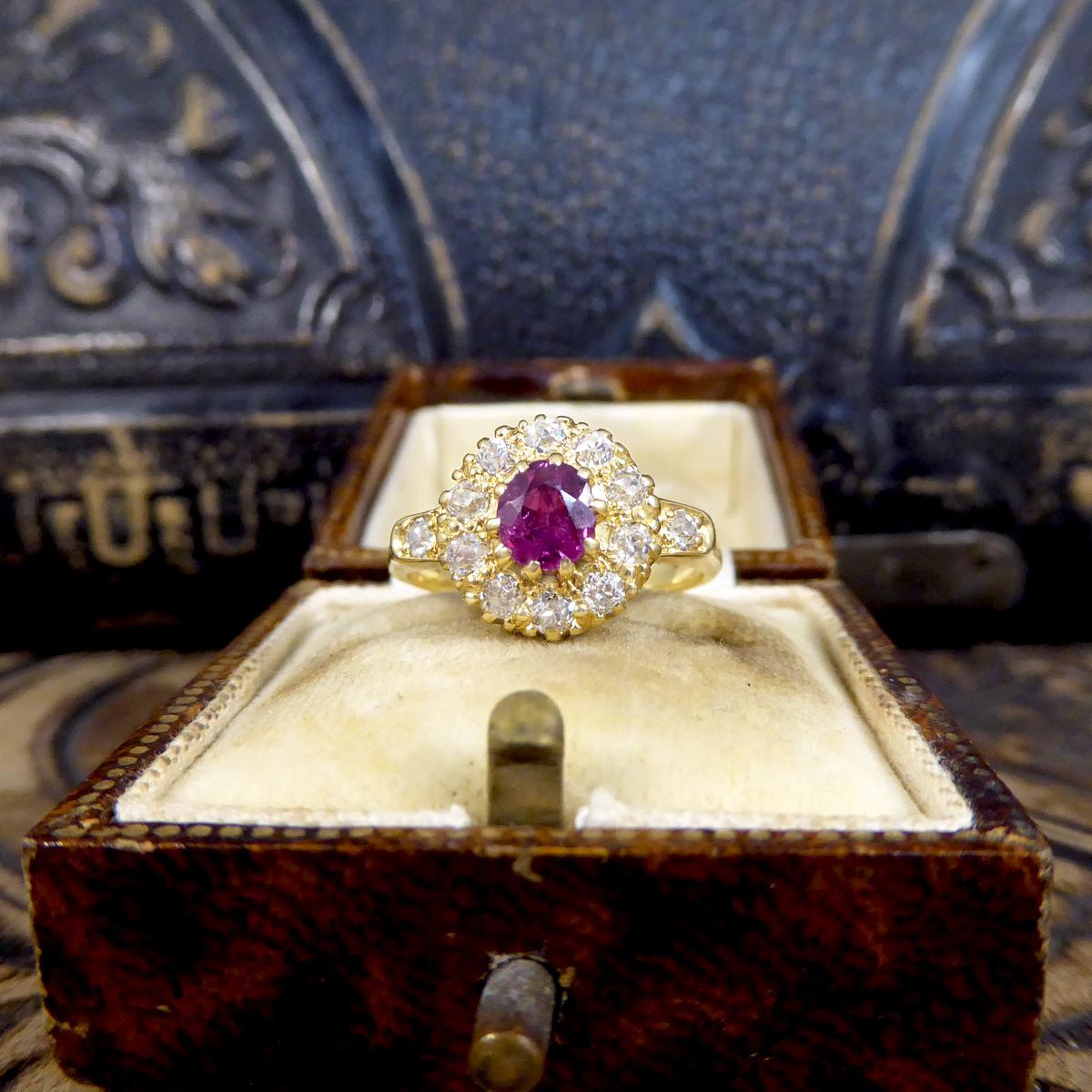 Late Victorian Ruby and Diamond Cluster Ring with Diamond Set Shoulders in 18ct For Sale 4