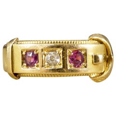 Late Victorian Ruby and Diamond Set Buckle Ring in 18 Carat Yellow Gold