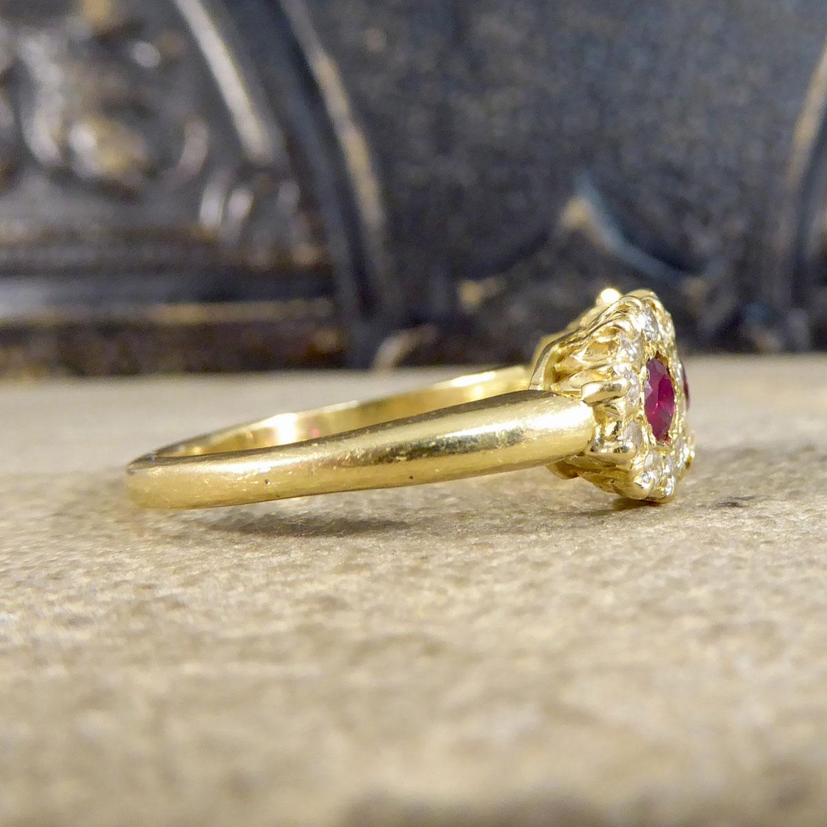 Round Cut Late Victorian Ruby and Diamond Triple Cluster Ring in 18ct Yellow Gold