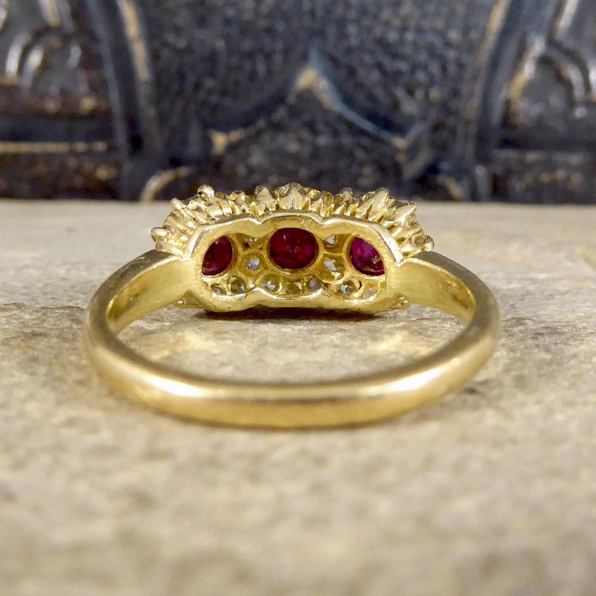 Late Victorian Ruby and Diamond Triple Cluster Ring in 18ct Yellow Gold In Fair Condition In Yorkshire, West Yorkshire
