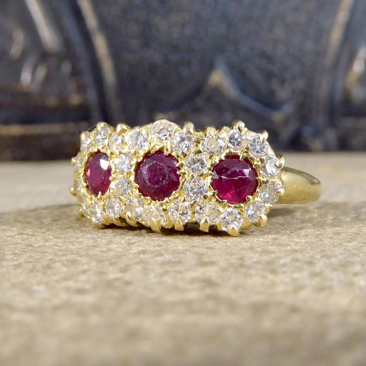 Women's or Men's Late Victorian Ruby and Diamond Triple Cluster Ring in 18ct Yellow Gold