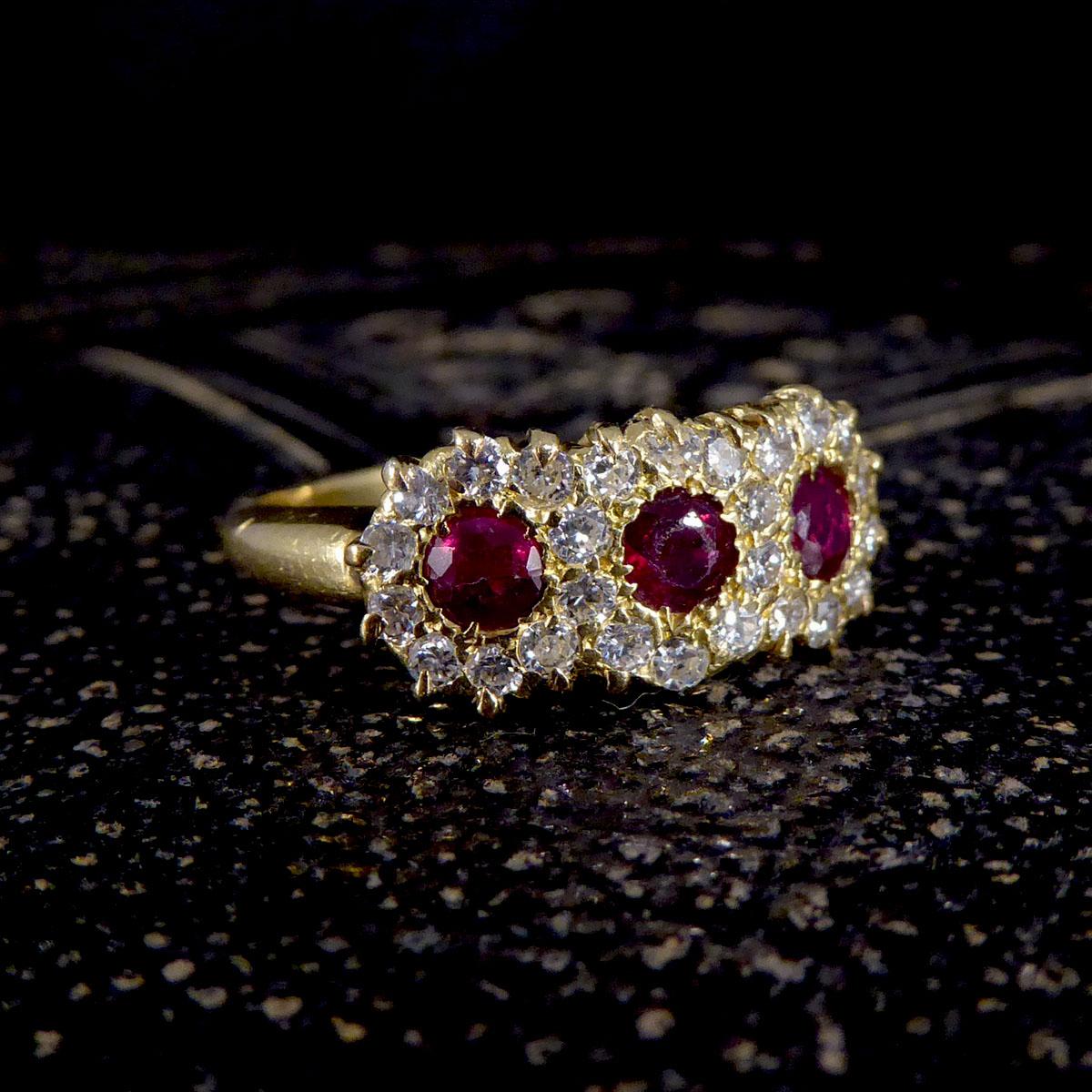 Late Victorian Ruby and Diamond Triple Cluster Ring in 18ct Yellow Gold 2