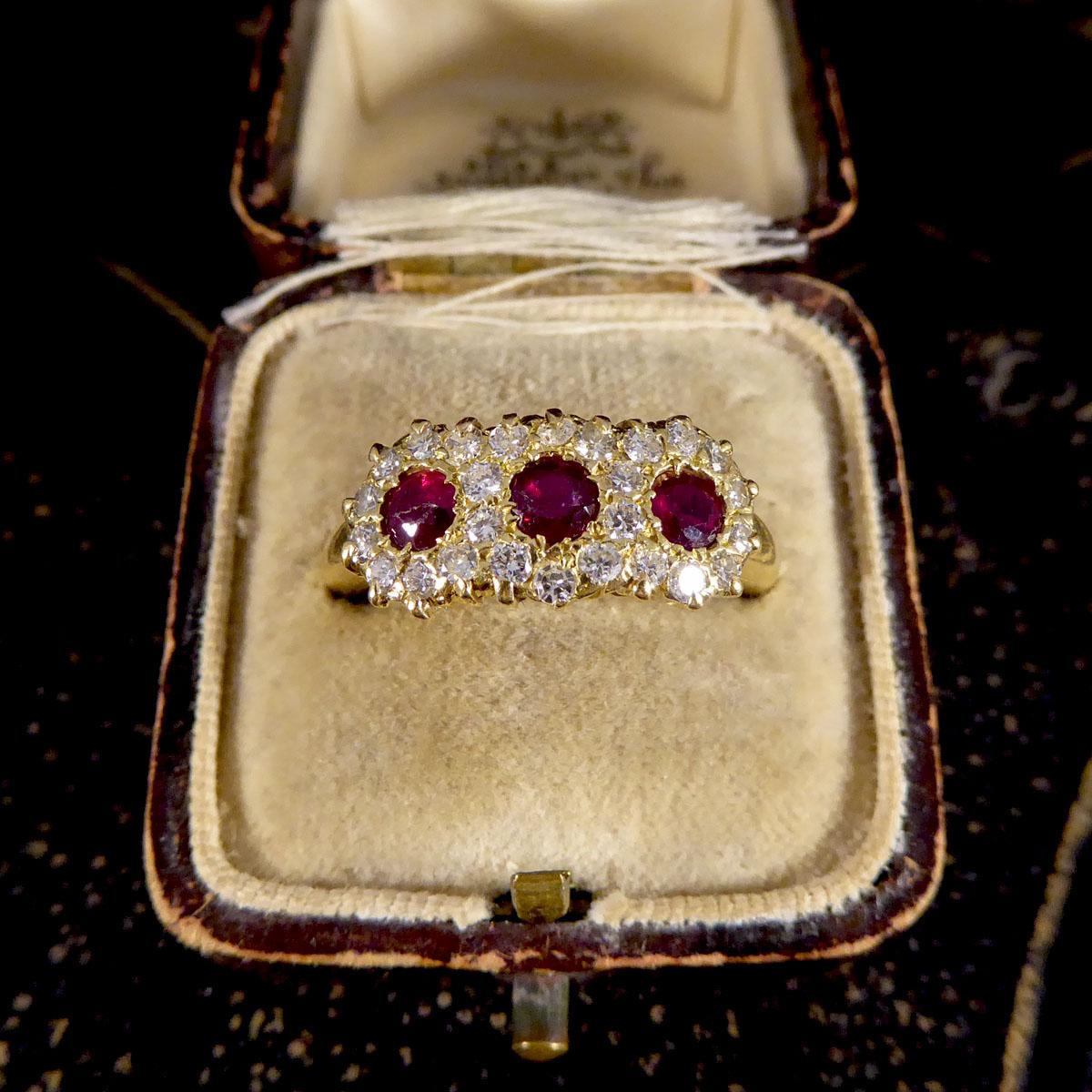 Late Victorian Ruby and Diamond Triple Cluster Ring in 18ct Yellow Gold 3