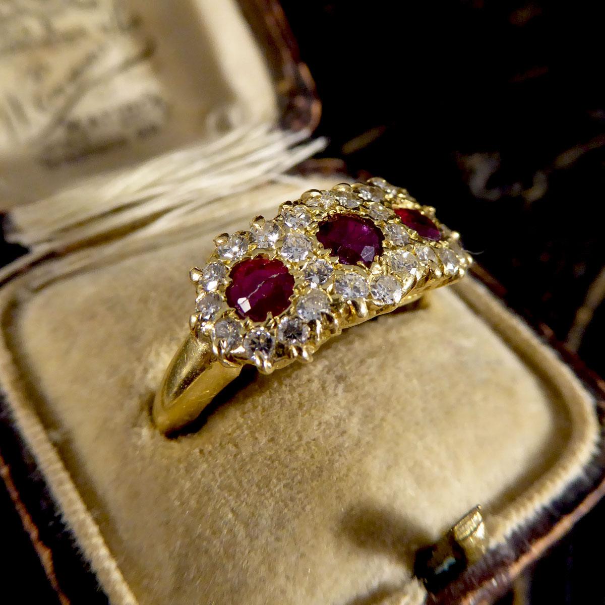 Late Victorian Ruby and Diamond Triple Cluster Ring in 18ct Yellow Gold 4