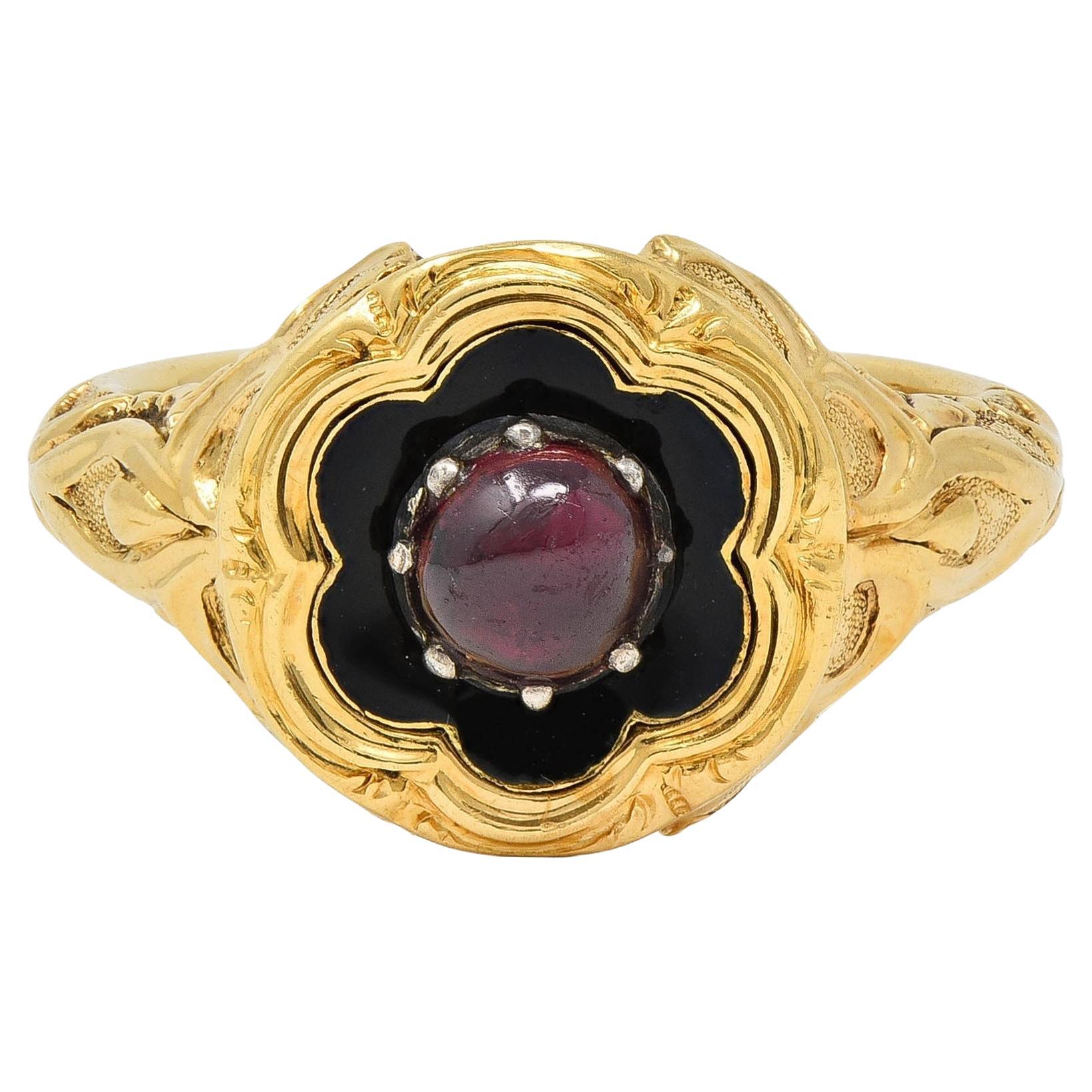Late Victorian Ruby Enamel 14 Karat Gold Silver Antique Flower Mourning Ring