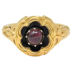 Late Victorian Ruby Enamel 14 Karat Gold Silver Antique Flower Mourning Ring