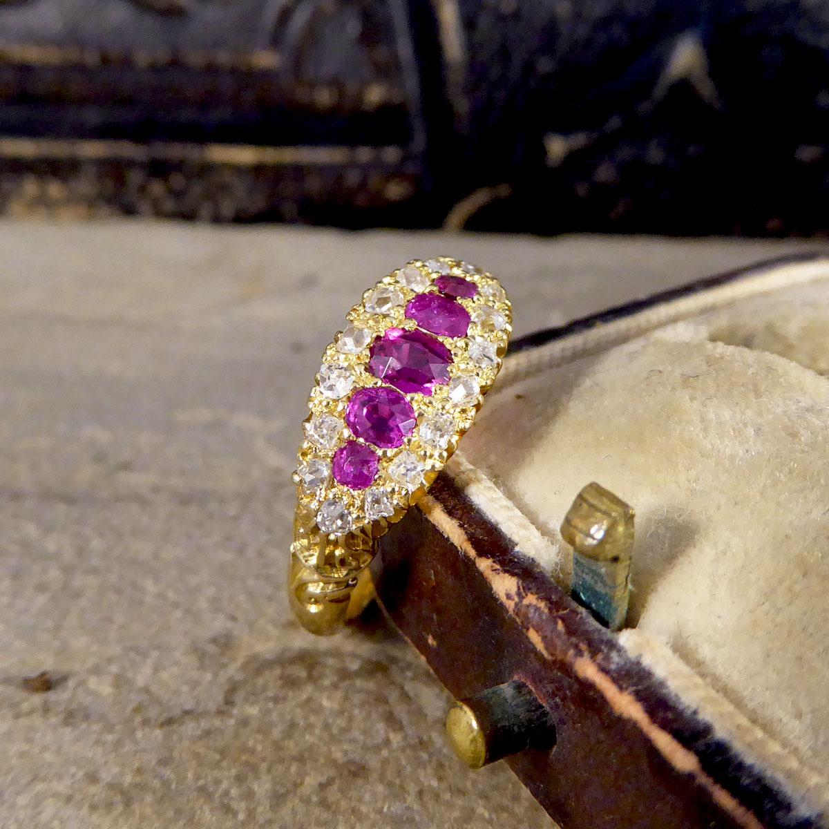 Late Victorian Ruby Five Stone and Diamond Cluster Ring in 18ct Yellow Gold For Sale 5