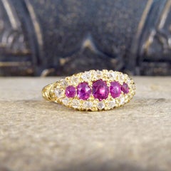 Late Victorian Ruby Five Stone and Diamond Cluster Ring in 18ct Yellow Gold