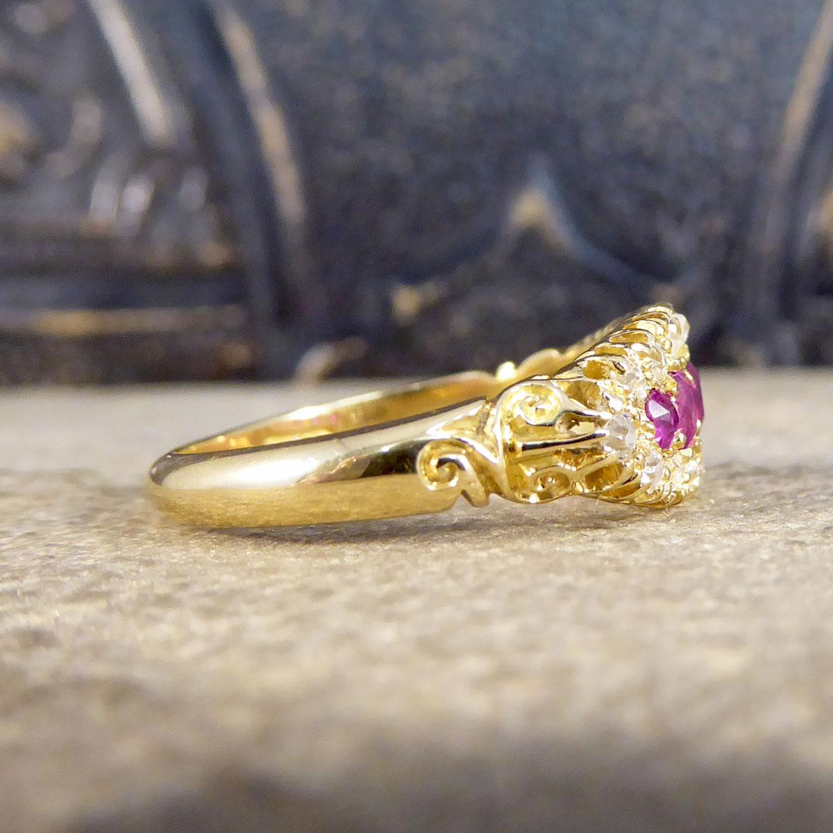 Oval Cut Late Victorian Ruby Five Stone and Diamond Cluster Ring in 18ct Yellow Gold For Sale