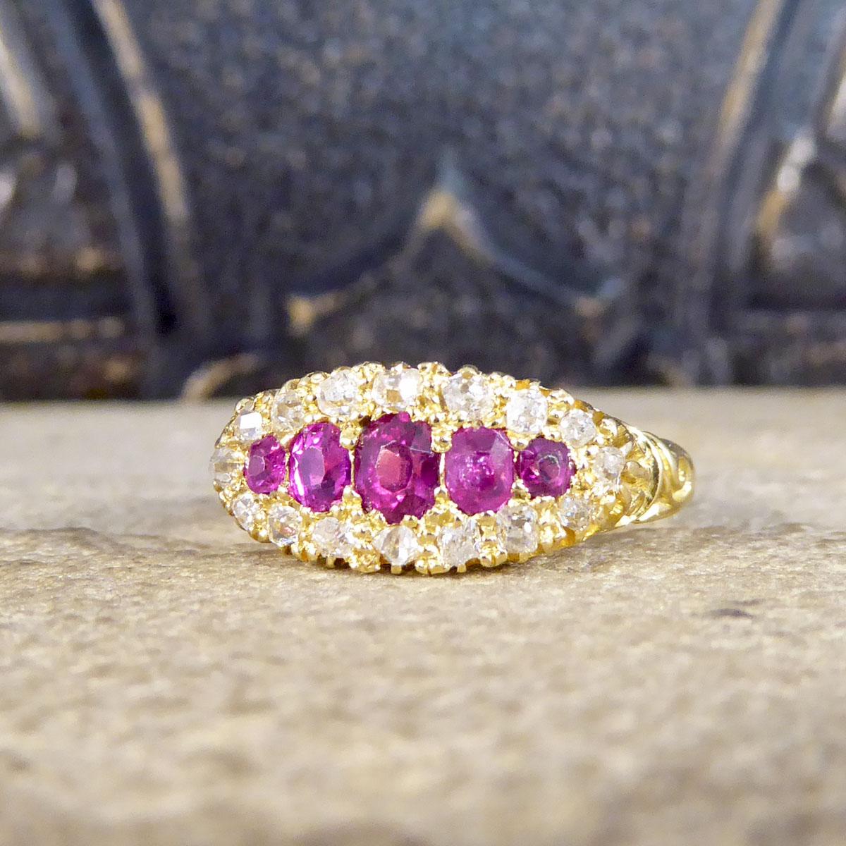 Women's or Men's Late Victorian Ruby Five Stone and Diamond Cluster Ring in 18ct Yellow Gold For Sale