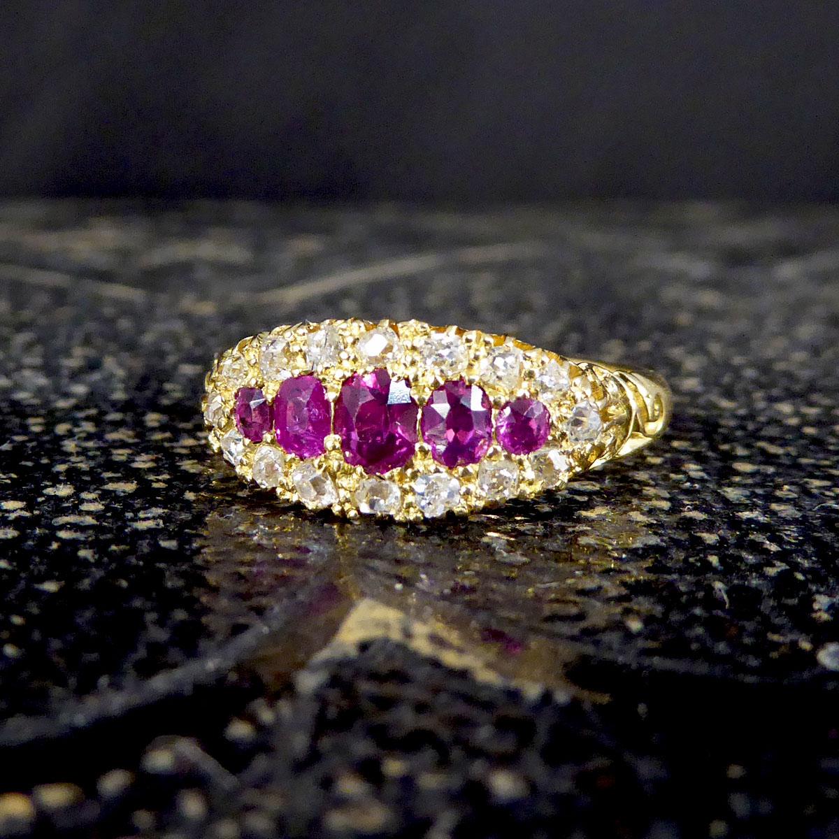 Late Victorian Ruby Five Stone and Diamond Cluster Ring in 18ct Yellow Gold For Sale 4