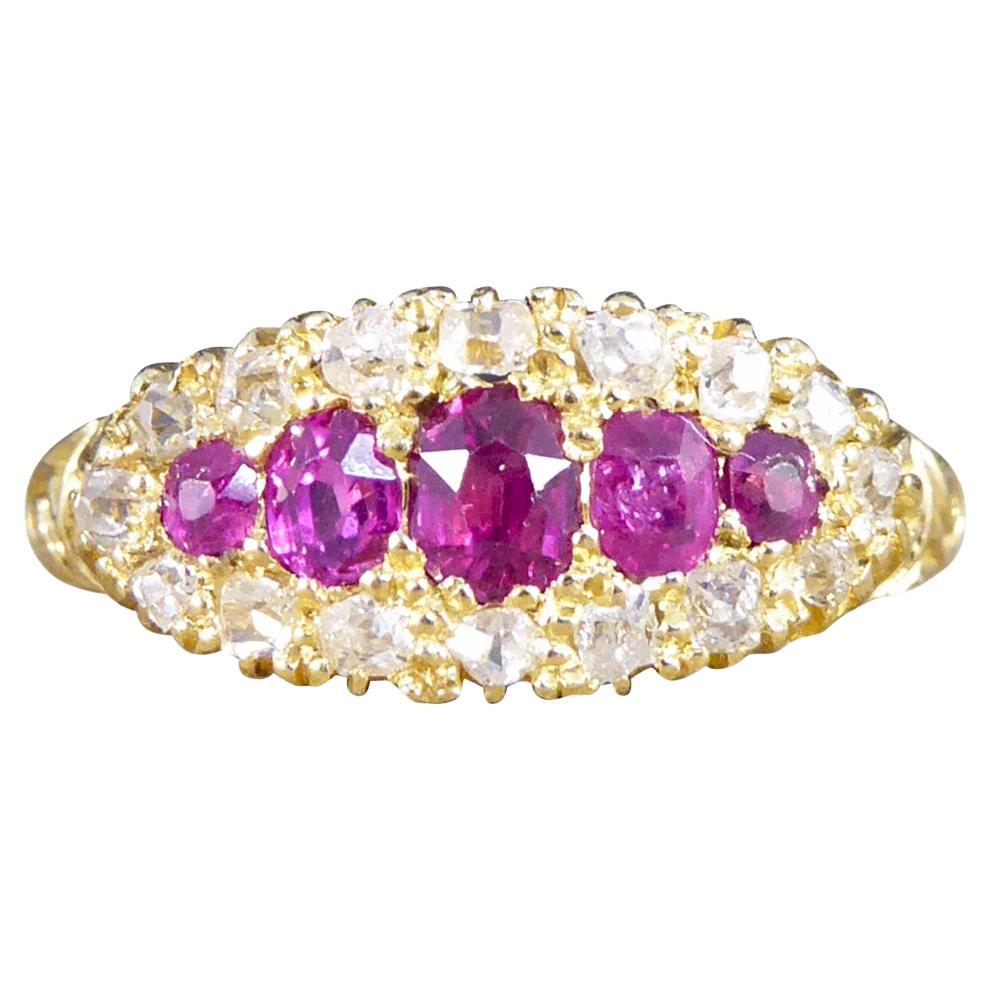 Late Victorian Ruby Five Stone and Diamond Cluster Ring in 18ct Yellow Gold For Sale