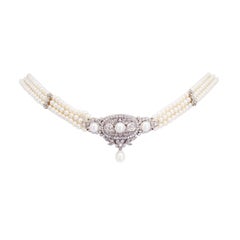Late Victorian Saltwater Pearl & Old Cut Diamond Multi-Strand Platinum Necklace