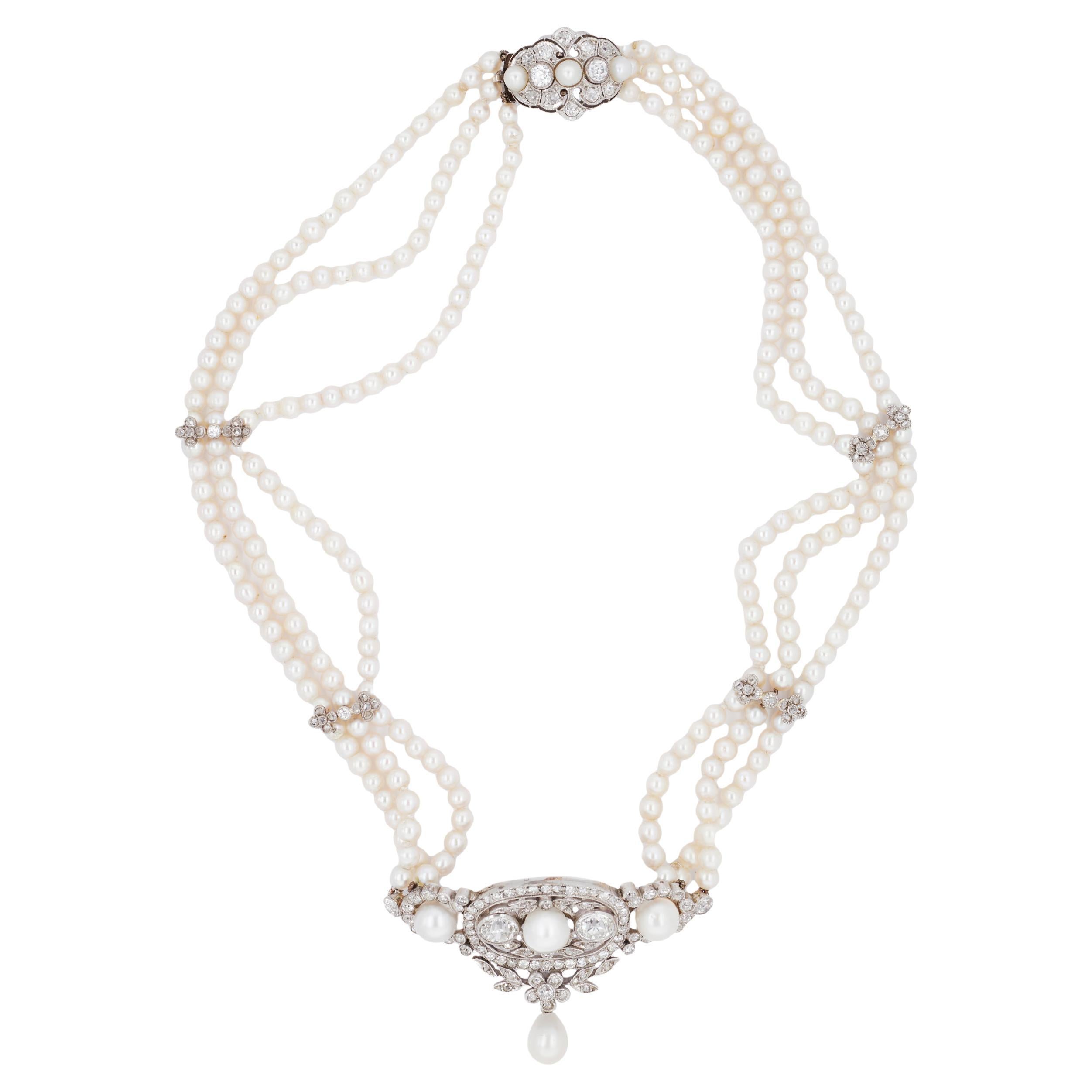 Spätviktorianische Salzwasserperle & Diamant im Altschliff Mehrstrangige Platin-Halskette