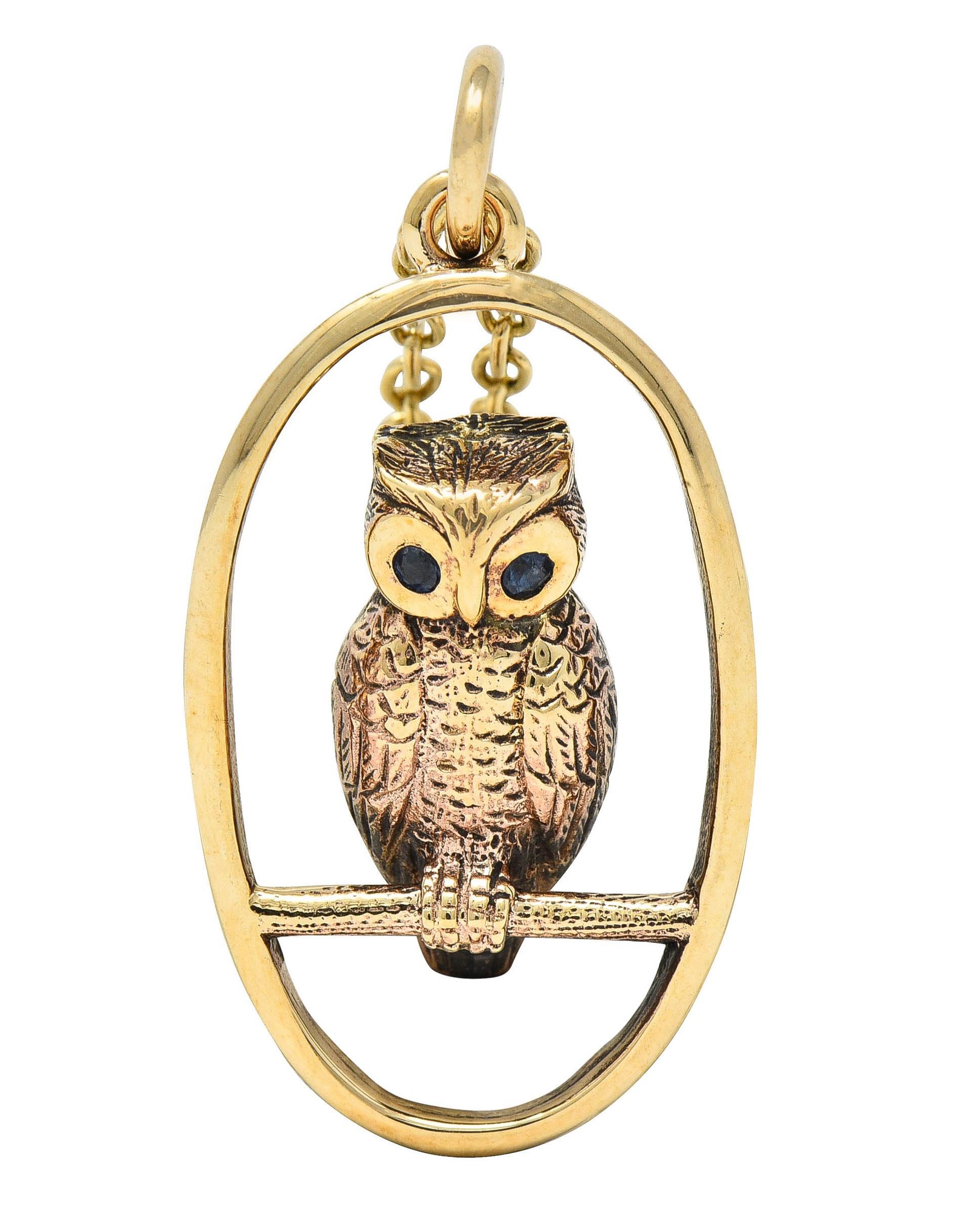 Late Victorian Sapphire 9 Karat Yellow Gold Antique Owl Pendant Necklace 5
