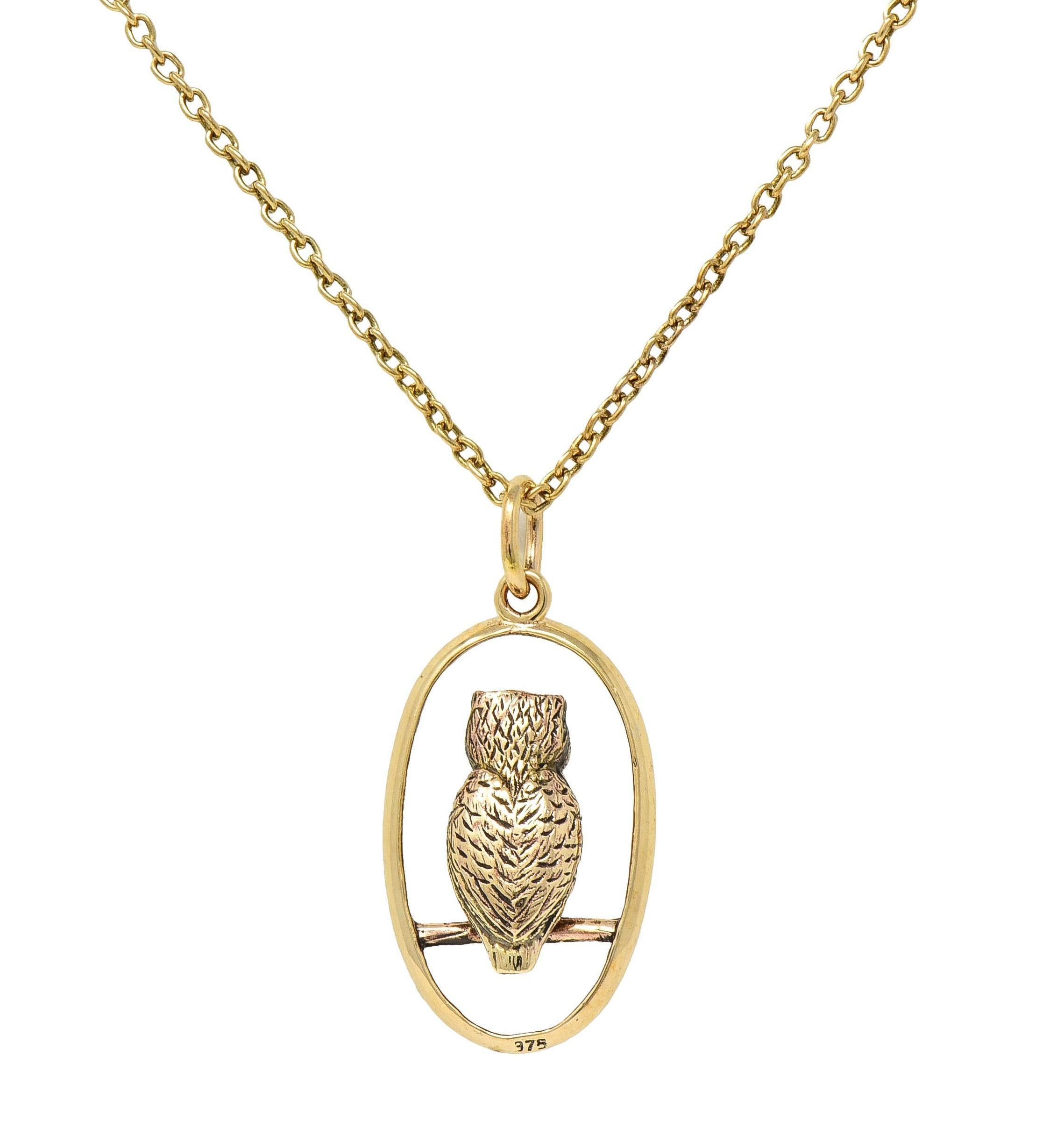 Late Victorian Sapphire 9 Karat Yellow Gold Antique Owl Pendant Necklace 8
