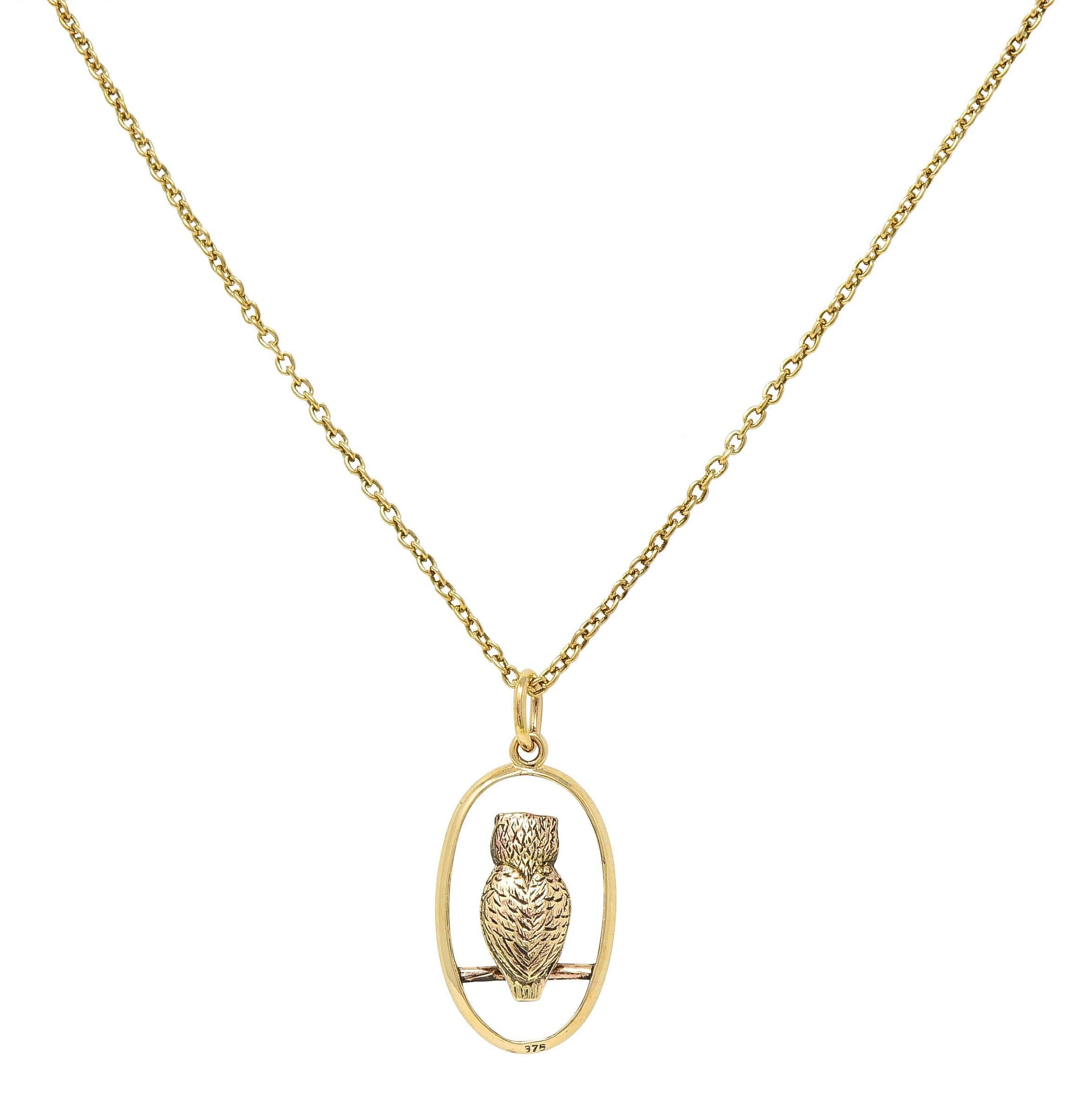 Late Victorian Sapphire 9 Karat Yellow Gold Antique Owl Pendant Necklace In Excellent Condition In Philadelphia, PA