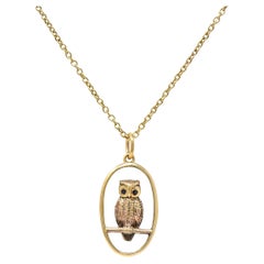 Late Victorian Sapphire 9 Karat Yellow Gold Antique Owl Pendant Necklace