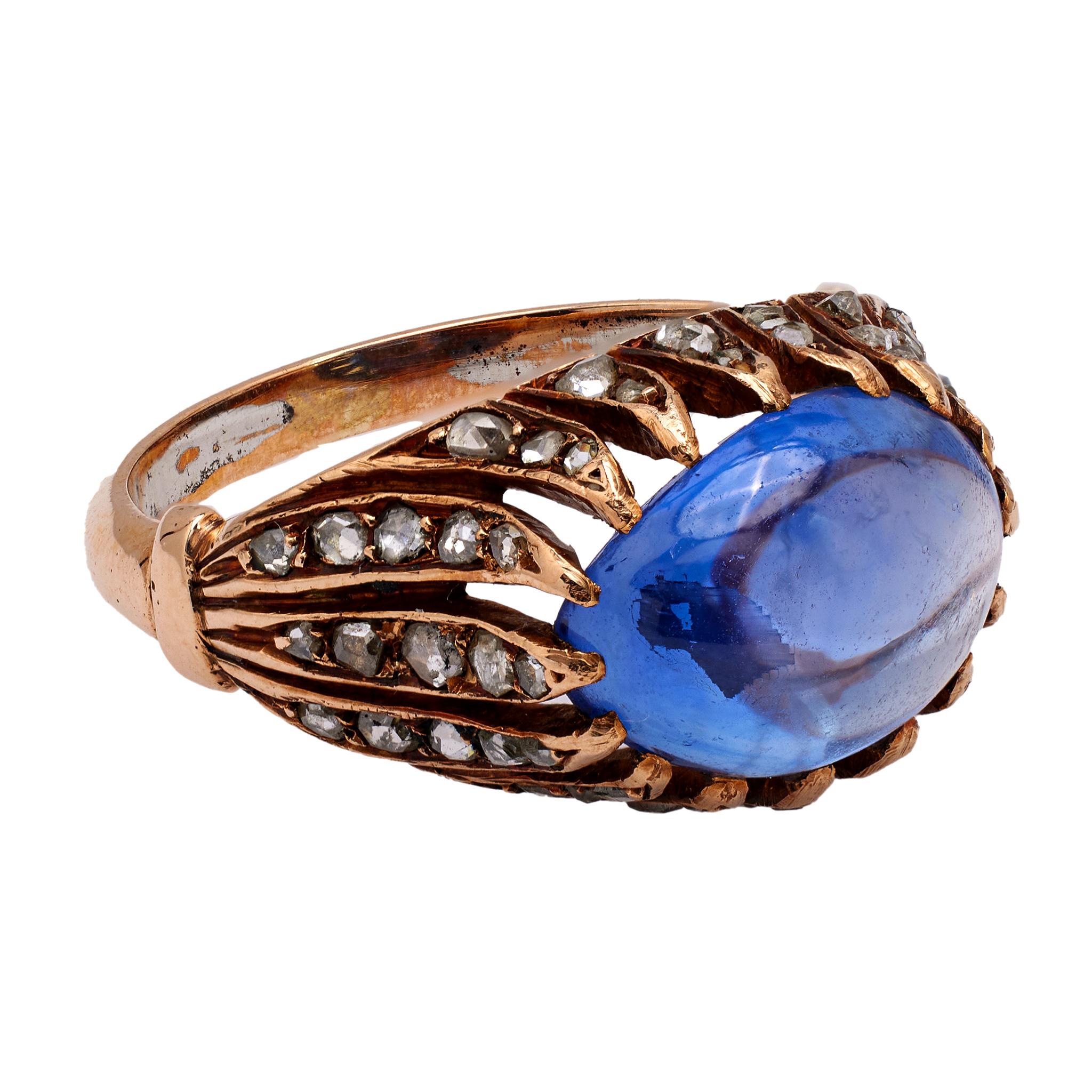 Women's or Men's Late Victorian Sapphire and Diamond 14k Rose Gold Ring