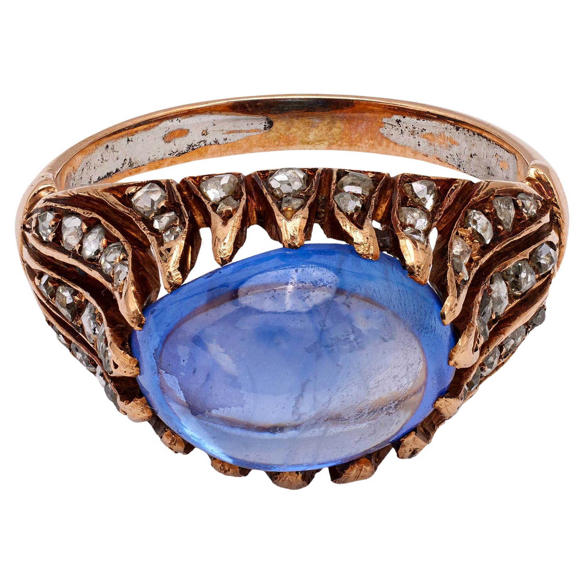 Late Victorian Sapphire and Diamond 14k Rose Gold Ring