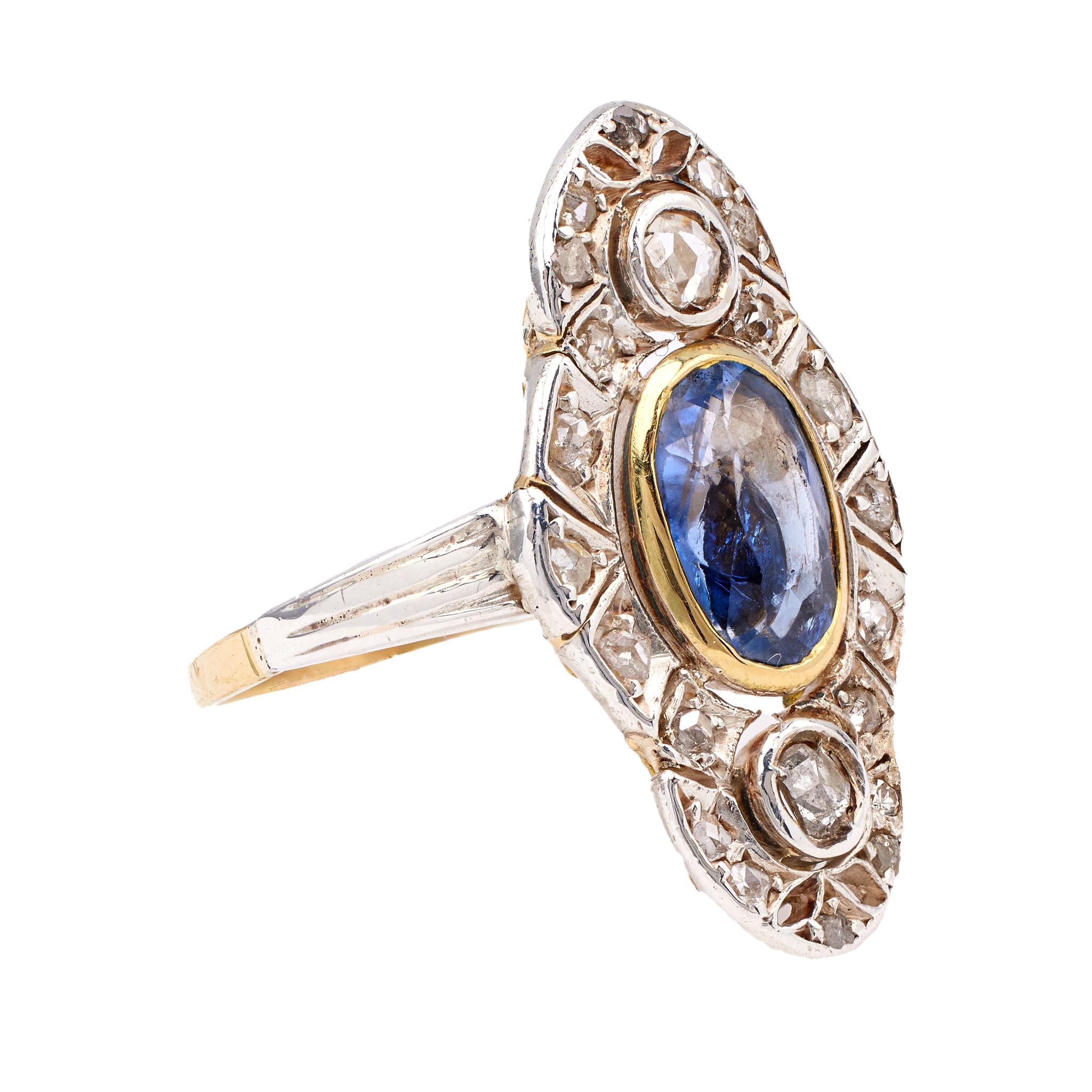 Women's or Men's Late Victorian Sapphire and Diamond 18k Yellow Gold Silver Navette Ring