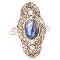 Antique Late Victorian Sapphire and Diamond 18k Yellow Gold Silver Navette Ring