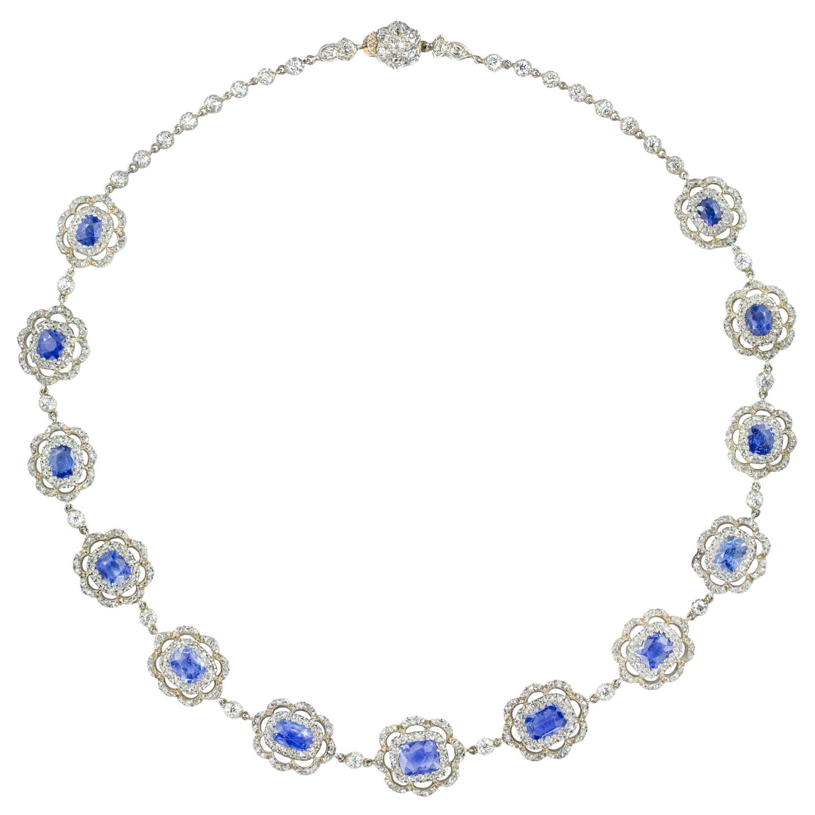 Late Victorian Sapphire and Diamond Cluster Necklace