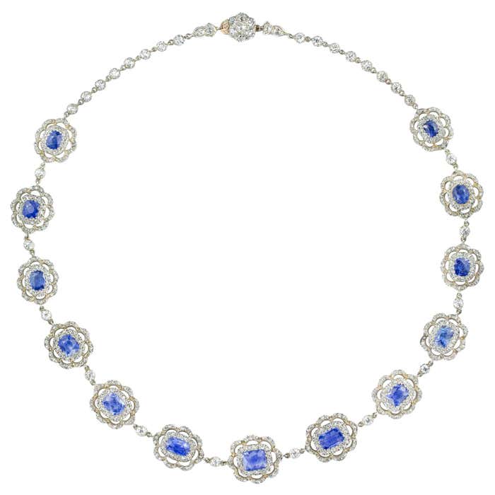 Late Victorian Sapphire and Diamond Cluster Necklace For Sale at ...