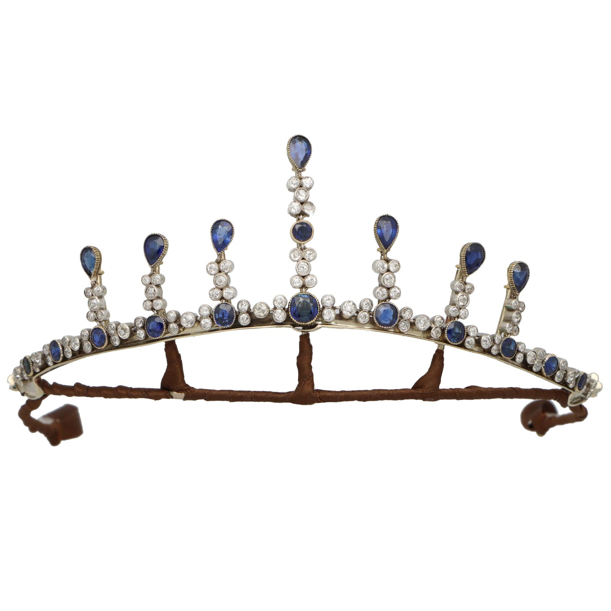 Spätviktorianische Umwandelbare Tiara/Halskette und Ohrringe mit Saphiren und Diamanten