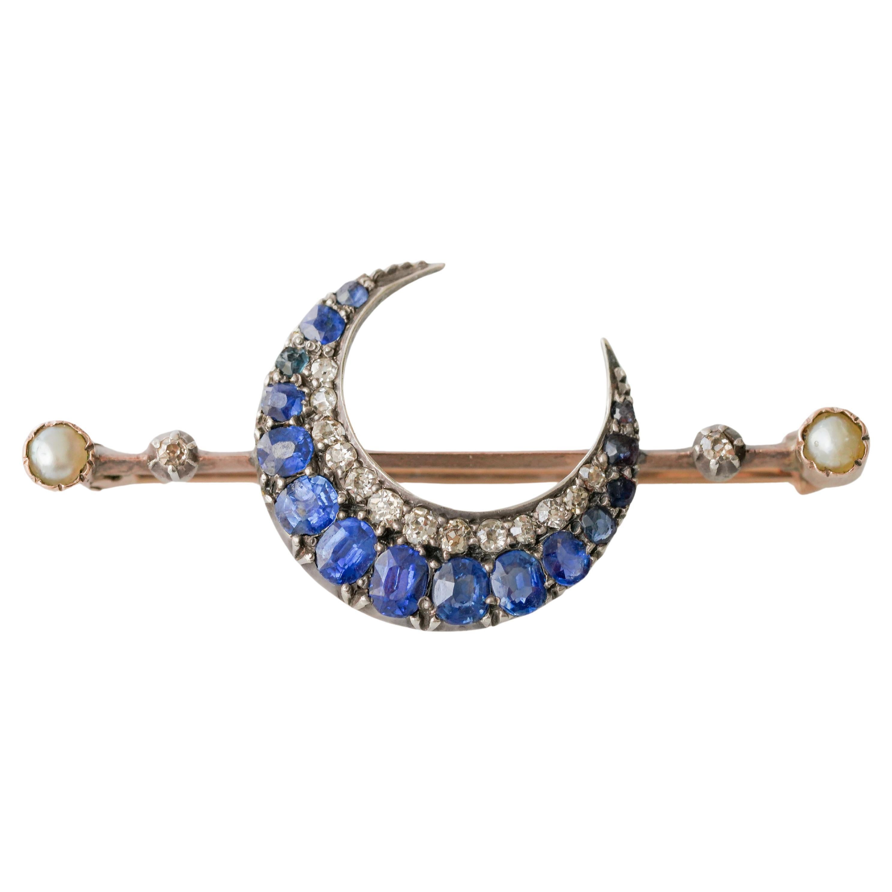 Late Victorian Sapphire and Diamond Crescent Brooch