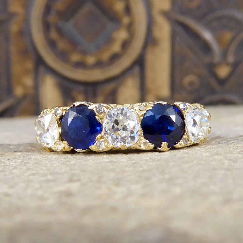 Late Victorian Sapphire and Diamond Five-Stone 18 Carat Gold Ring 1