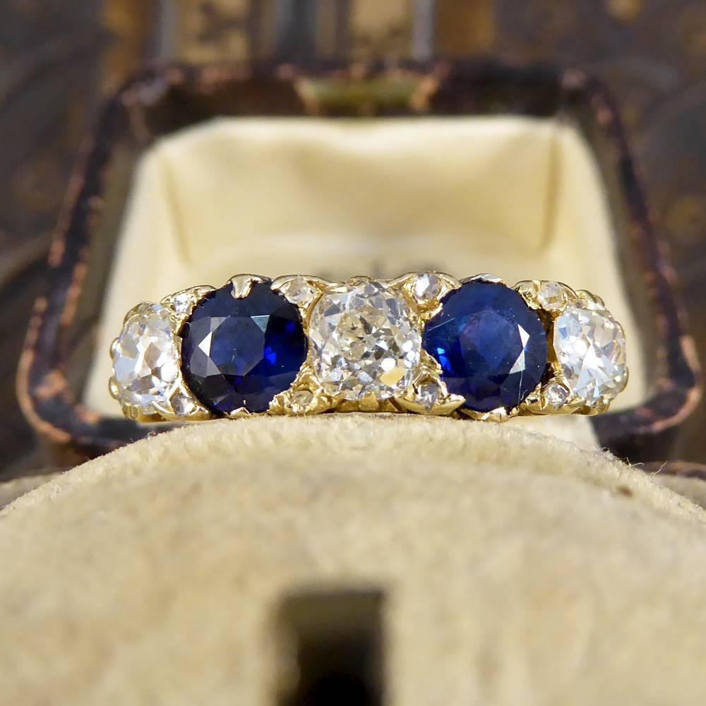 Late Victorian Sapphire and Diamond Five-Stone 18 Carat Gold Ring 3