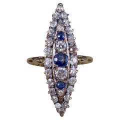 Late Victorian Sapphire and Diamond Marquise Ring in 18ct Yellow Gold