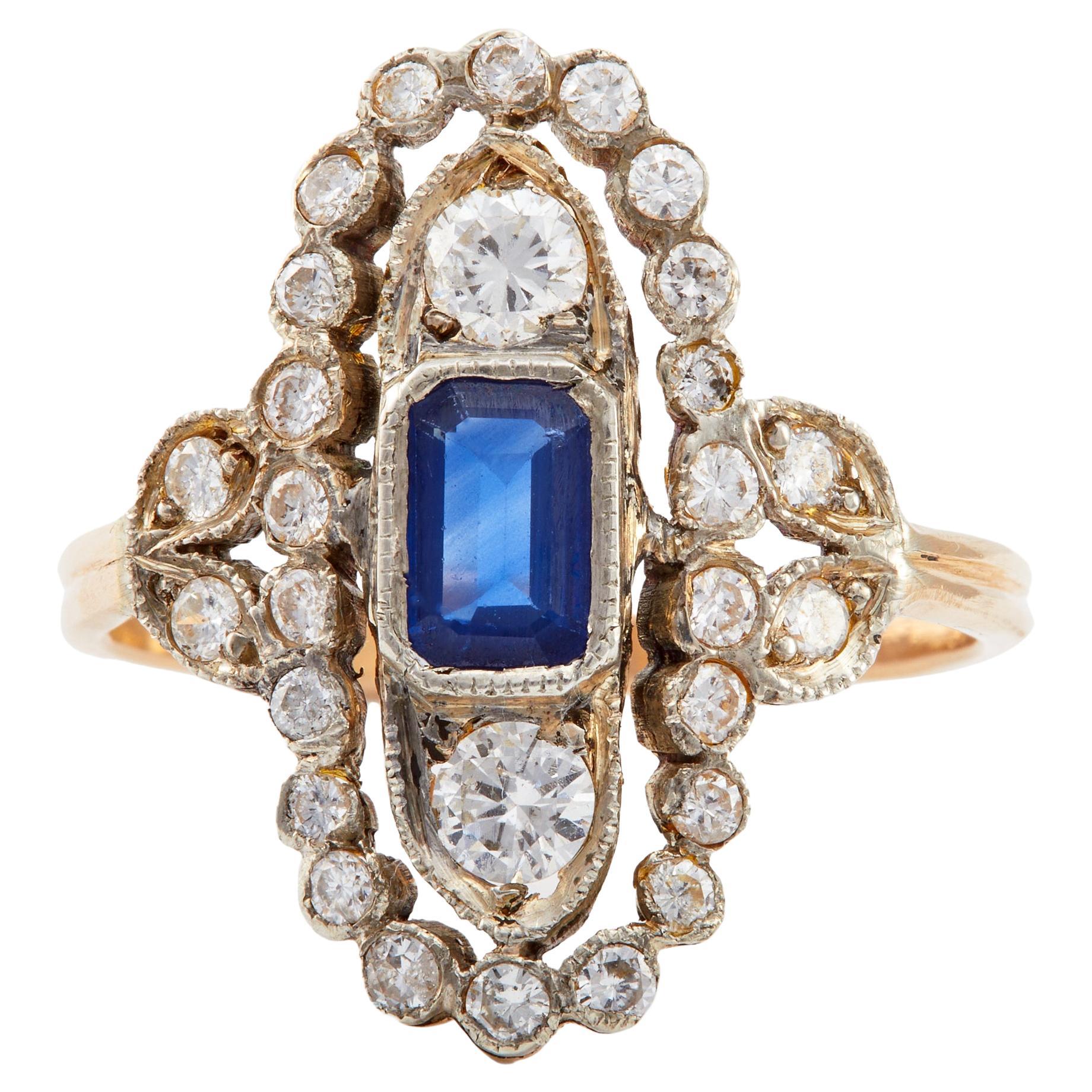 Late Victorian Sapphire and Diamond Silver 14k Rose Gold Ring