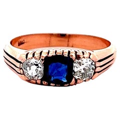 Late Victorian Sapphire Diamond 14 Karat Rose Gold Three Stone Ring