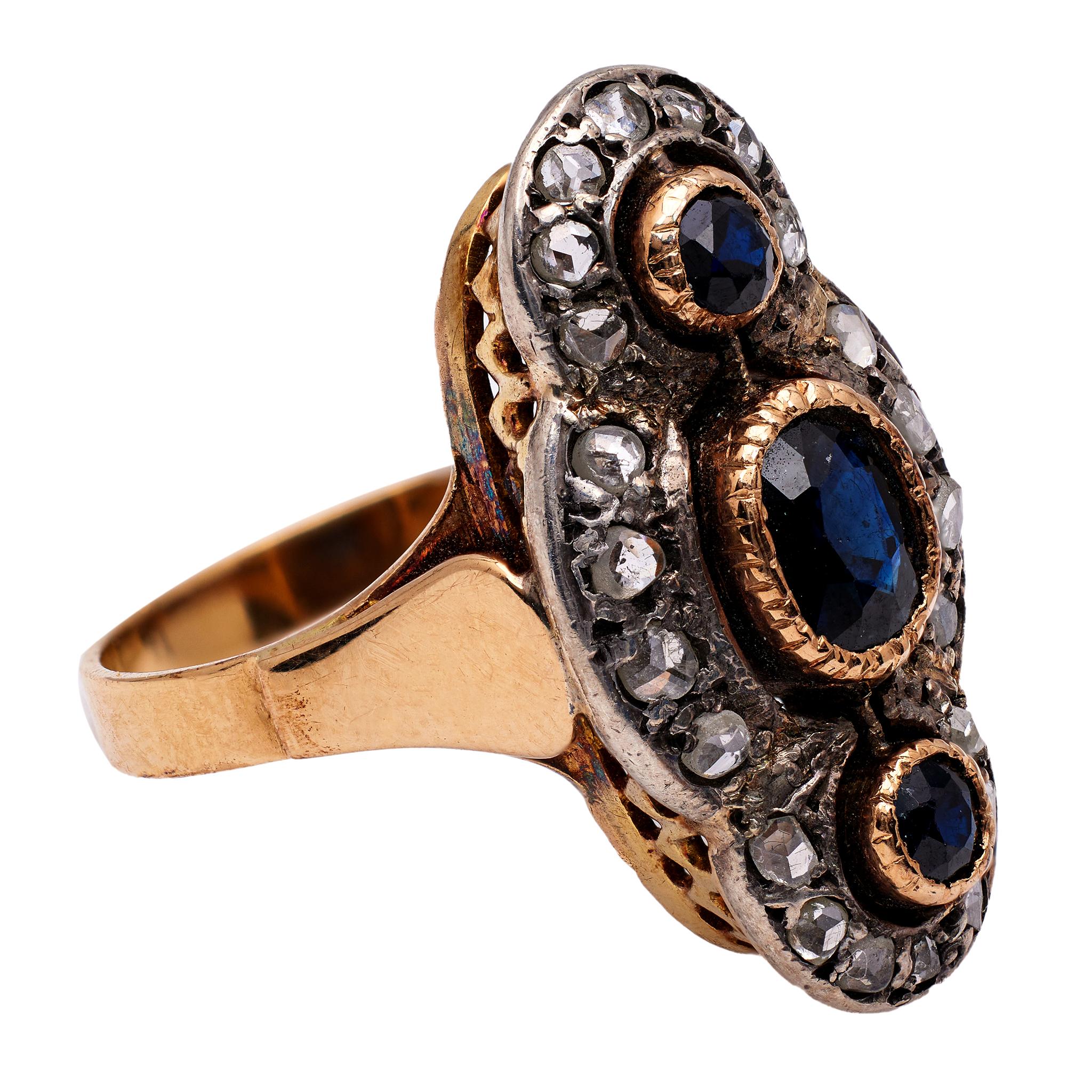Women's or Men's Late Victorian Sapphire Diamond 18k Yellow Gold Silver Navette Ring For Sale