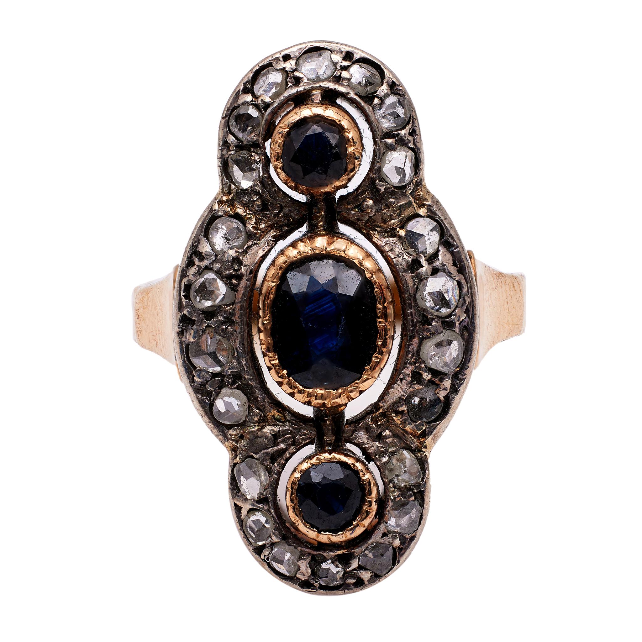 Late Victorian Sapphire Diamond 18k Yellow Gold Silver Navette Ring